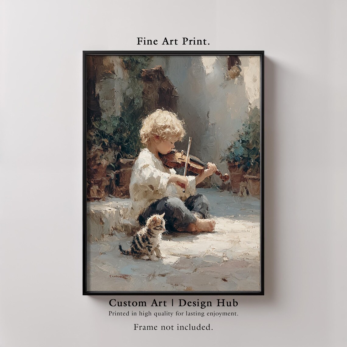 Boy Playing Violin Tabby Kitten Vintage Nursery Oil Painting Print