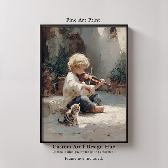 Boy With Kitten Violin Art Print Vintage Nursery Decor