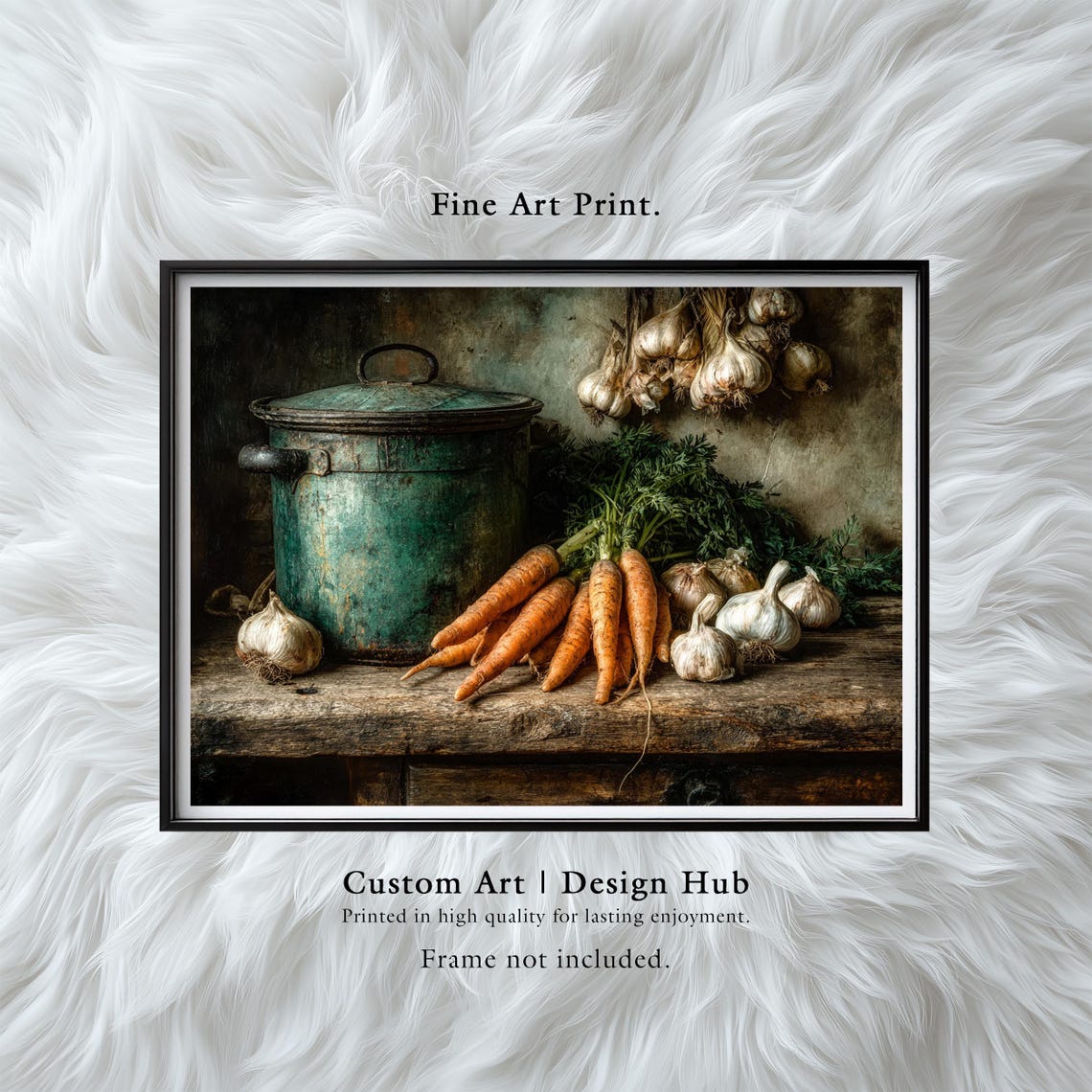 Rustic Carrot and Garlic Still Life with Vintage Pot Kitchen Wall Art
