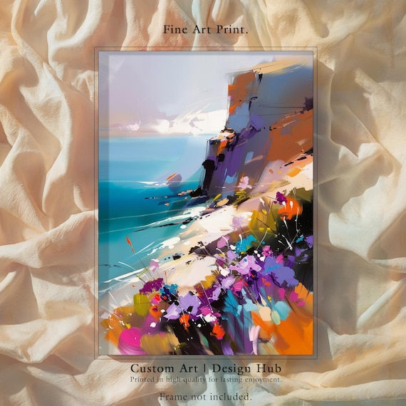 Vibrant Coastal Cliffs Wildflowers Abstract Impressionist Poster