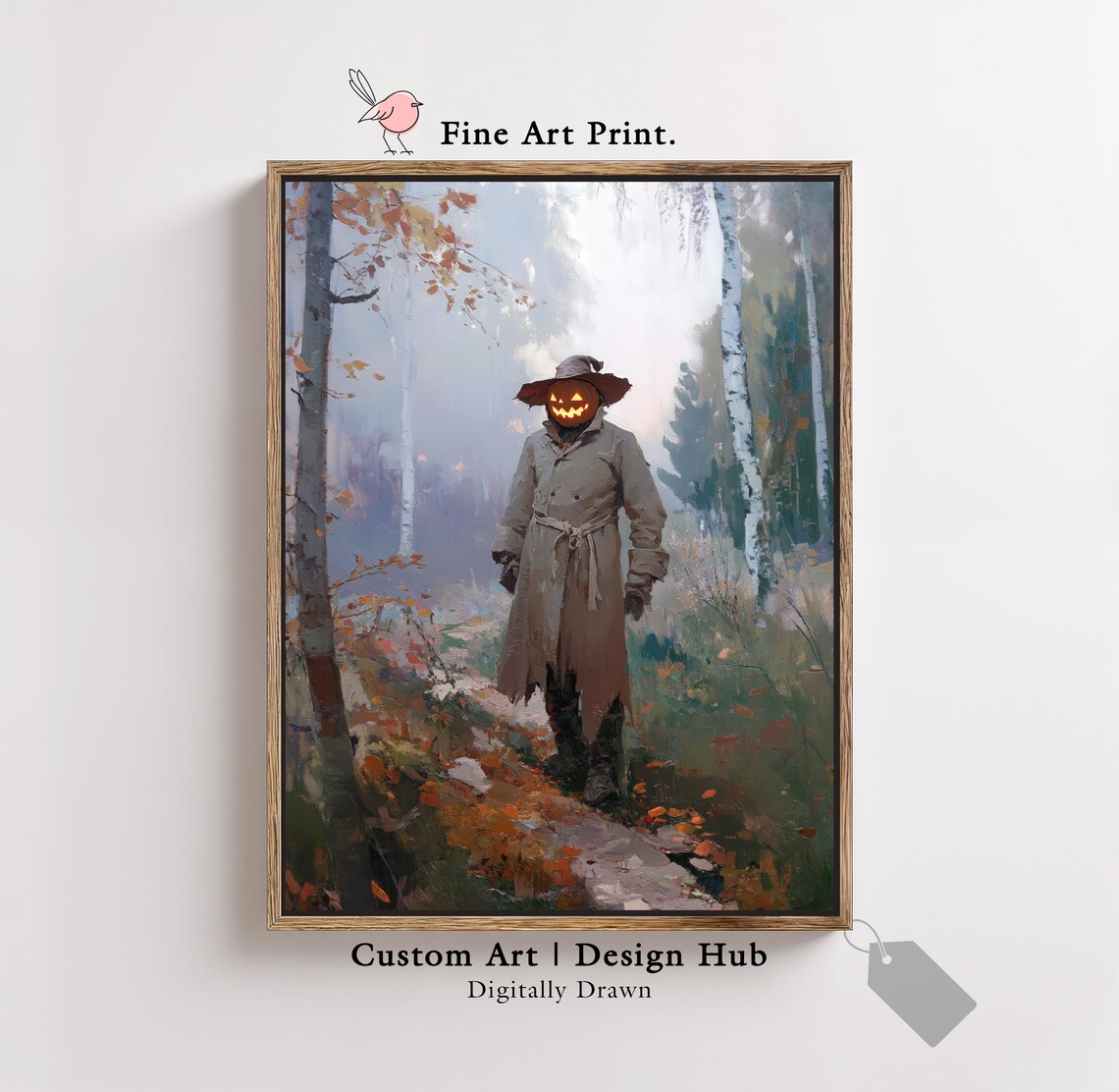 Pumpkin Scarecrow In Autumn Forest, Halloween Art Print
