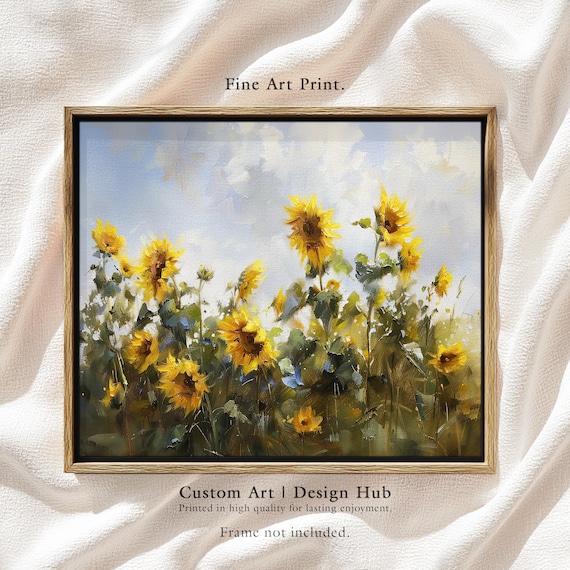 Sunflower Field Against Blue Sky Bright Floral Oil Style Poster