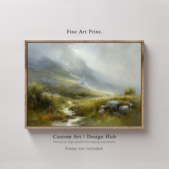 Misty Green Mountain Valley Oil Painting Serene Foggy Landscape Nature Poster