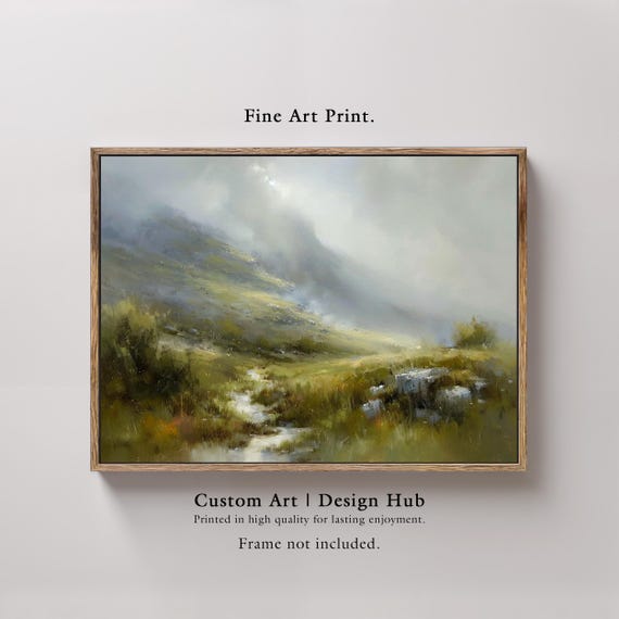 Misty Mountain Path Print Serene Green Valley Landscape Art