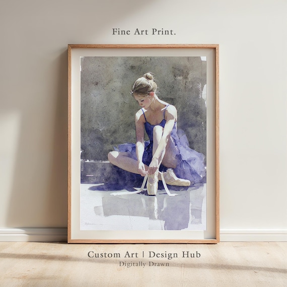 Watercolor Ballerina Tying Shoes, Dance Figure Art Print