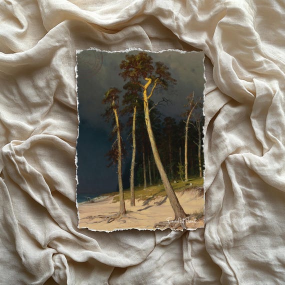 Stormy Seashore Pine Forest Oil Painting Print Vintage Dramatic Landscape Wall Art