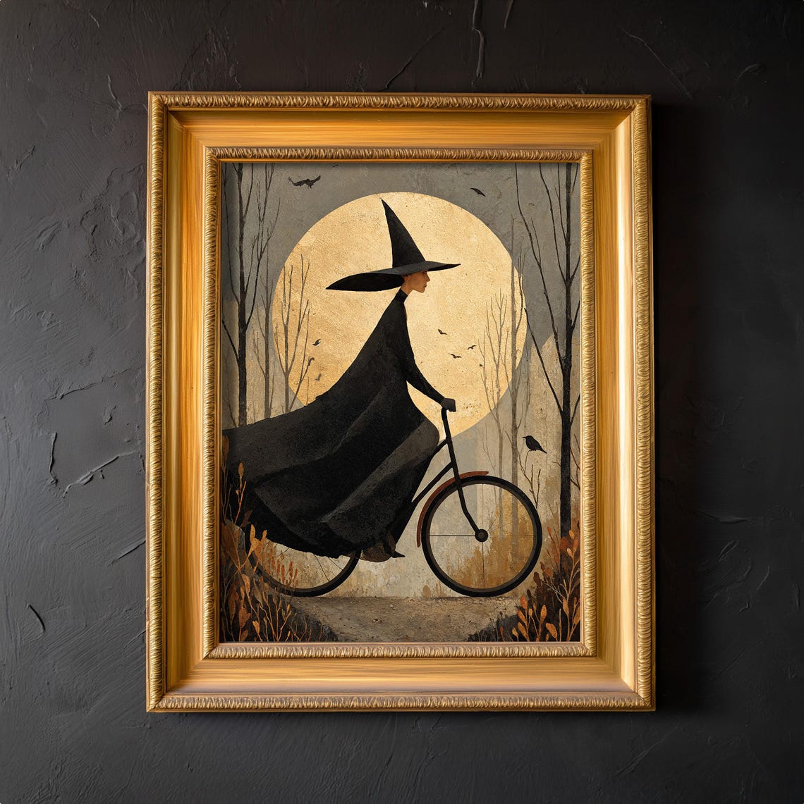 Witch Bicycle Full Moon Halloween Vintage Spooky Night Art Poster