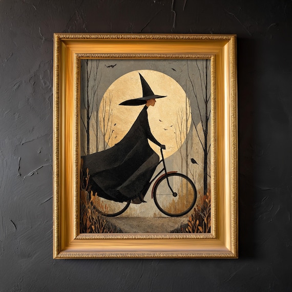 Halloween Witch Riding Bike Wall Art Print Gothic Autumn Moon Poster Moody Dark Forest Decor Boho Home