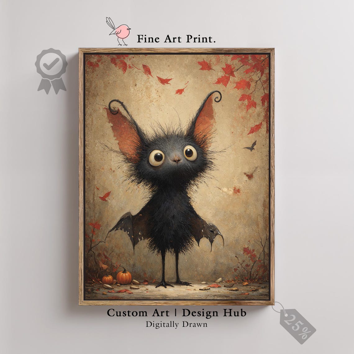Whimsical Fuzzy Black Bat Cute Gothic Autumn Halloween Poster