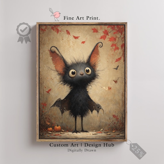 Whimsical Halloween Bat Art Print Spooky Gothic Autumn Decor