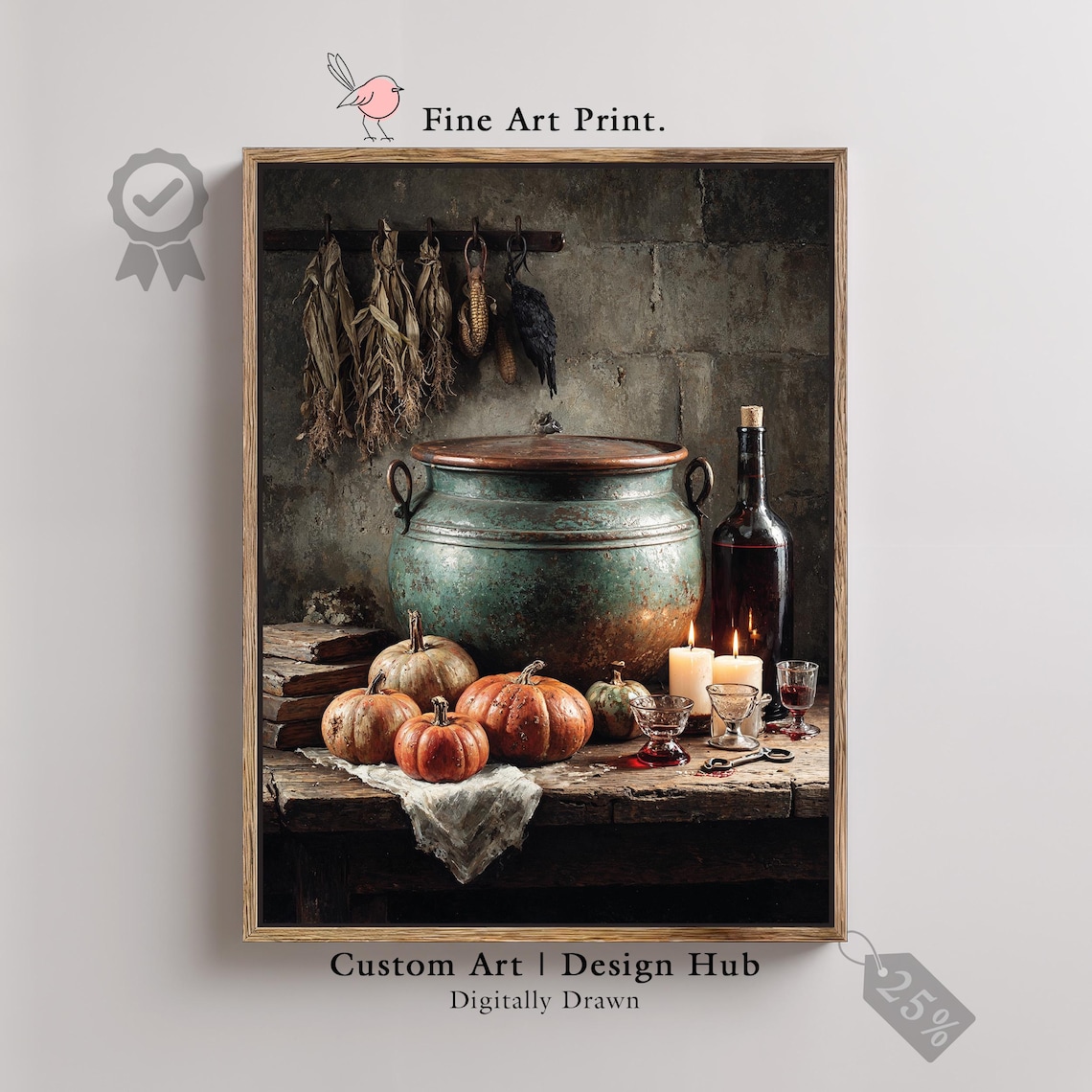 Witch Kitchen Cauldron Pumpkins Rustic Gothic Spooky Still Life Halloween Poster