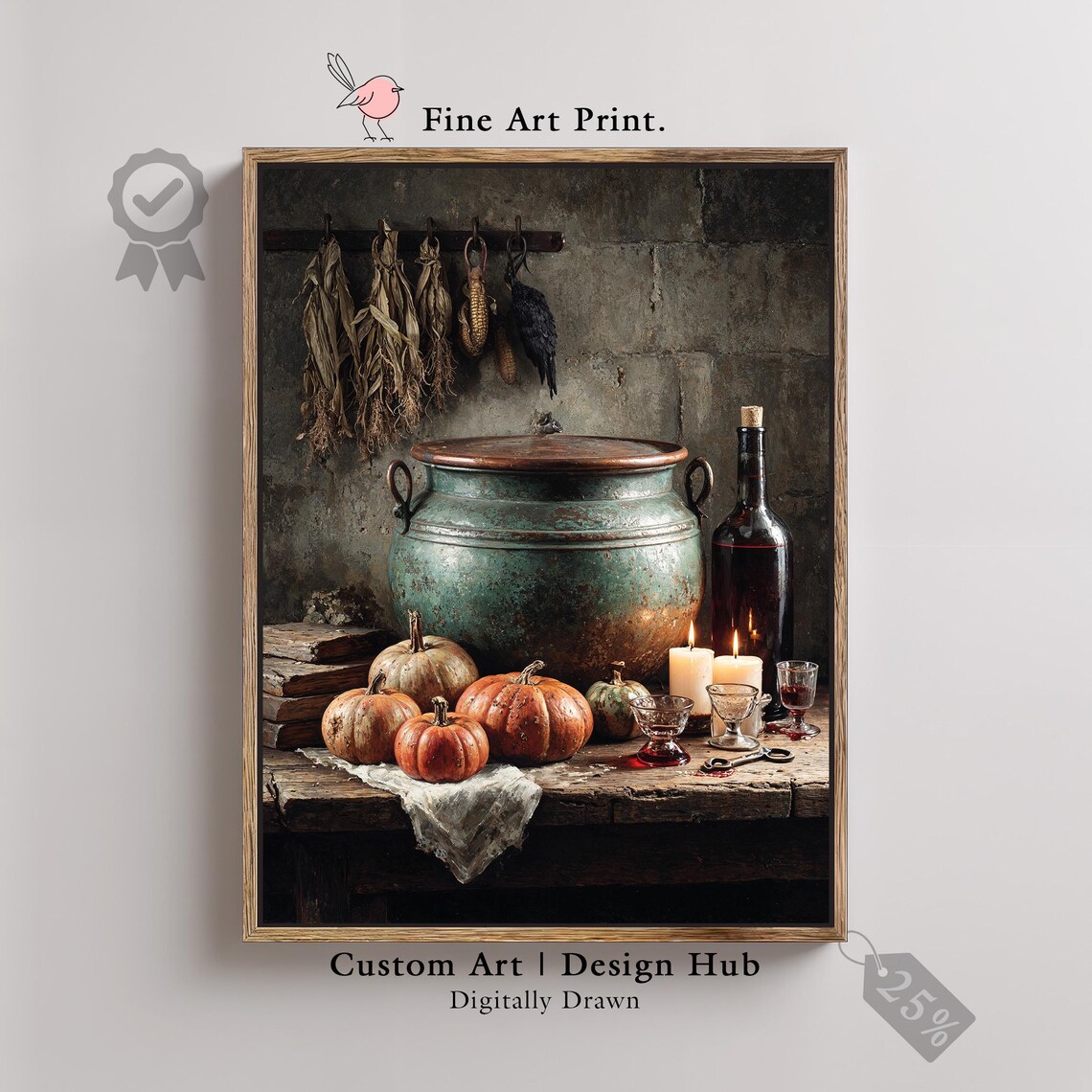 Witch Kitchen Halloween Print Cauldron Pumpkins Spooky Still Life