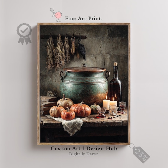 Witch Kitchen Halloween Print Cauldron Pumpkins Spooky Still Life