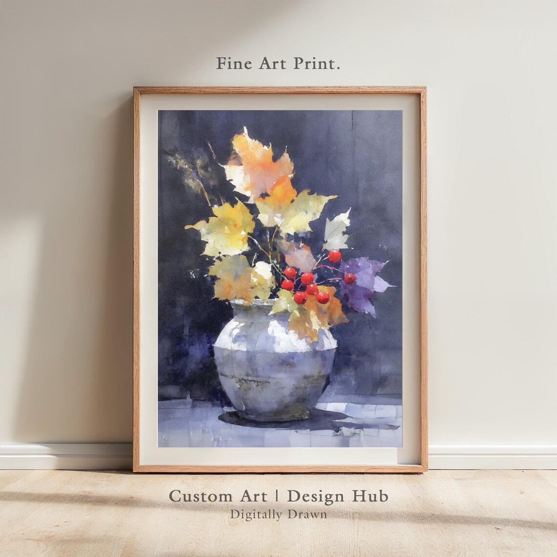 Autumn Watercolor Poster With Vase And Berries Botanical Still Life Wall Art Print