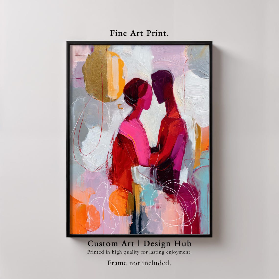 Abstract Red Pink Couple Romantic Embrace Modern Love Art Print
