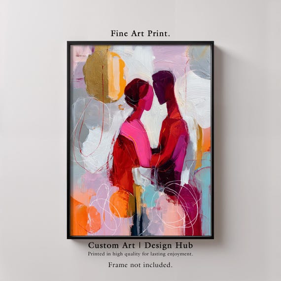 Abstract Couple Art Print Modern Love Painting Red Pink Tones