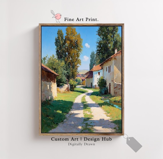 Village Street Art Print, Rustic Countryside Painting