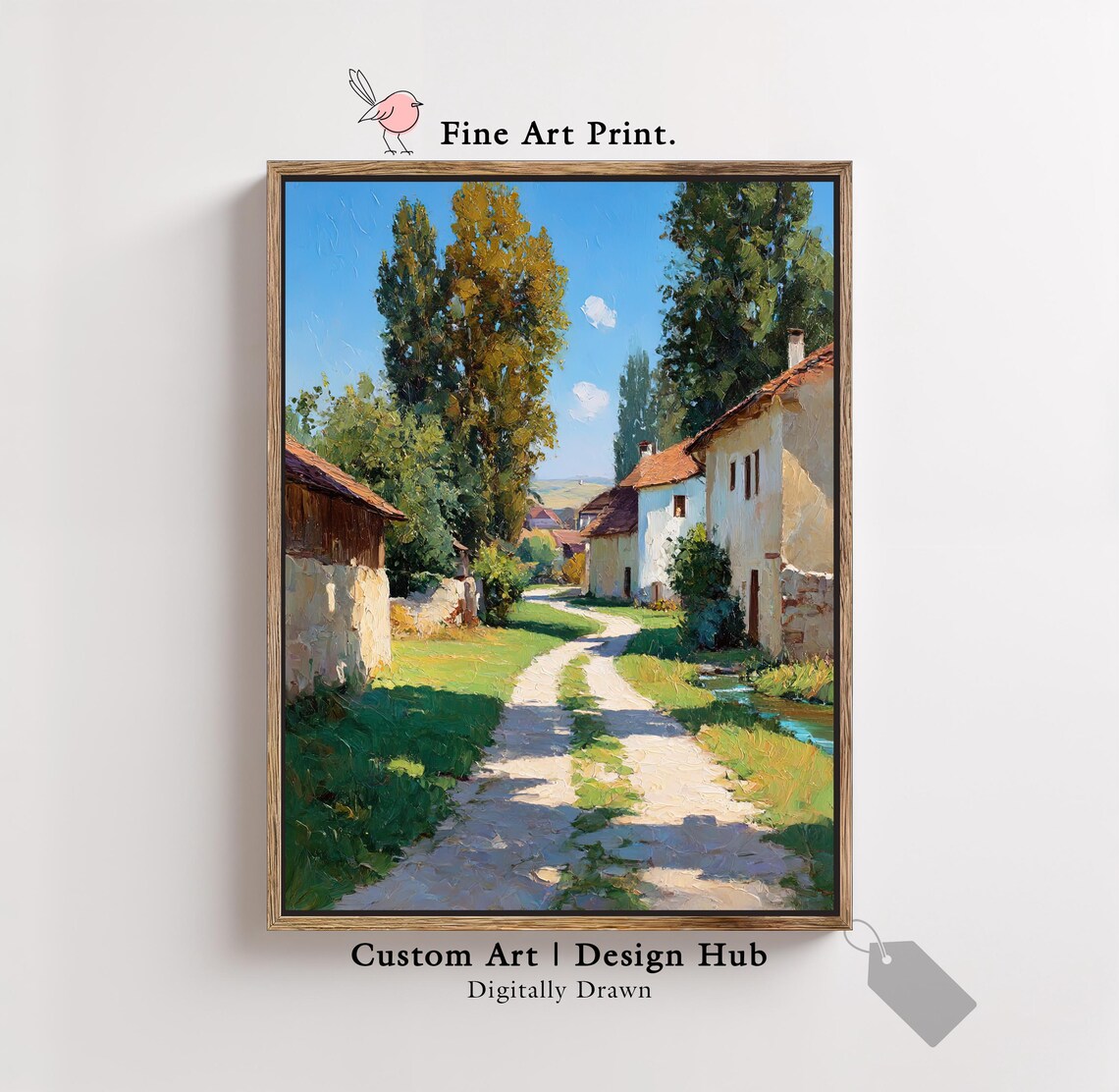 Village Street Art Print, Rustic Countryside Painting