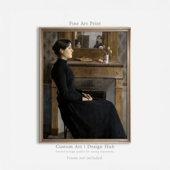 Woman In Black Dress Vintage Oil Painting Art Print Elegant Interior Portrait Poster