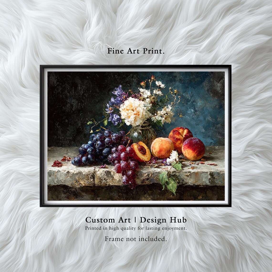 Vintage Fruit and Floral Still Life Oil Painting Rustic Wall Art