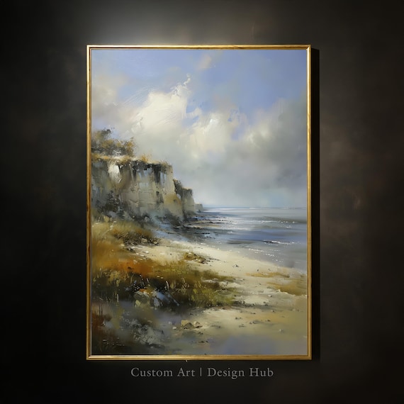 White Coastal Cliffs and Beach Serene Seascape Oil Style Poster