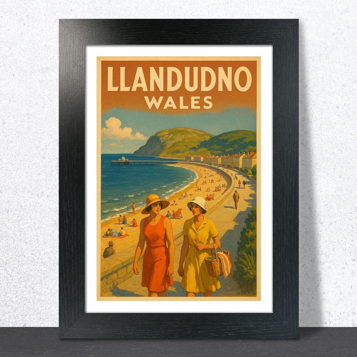 Llandudno Wales 1930s Promenade Ladies Pier Beach Vintage Poster