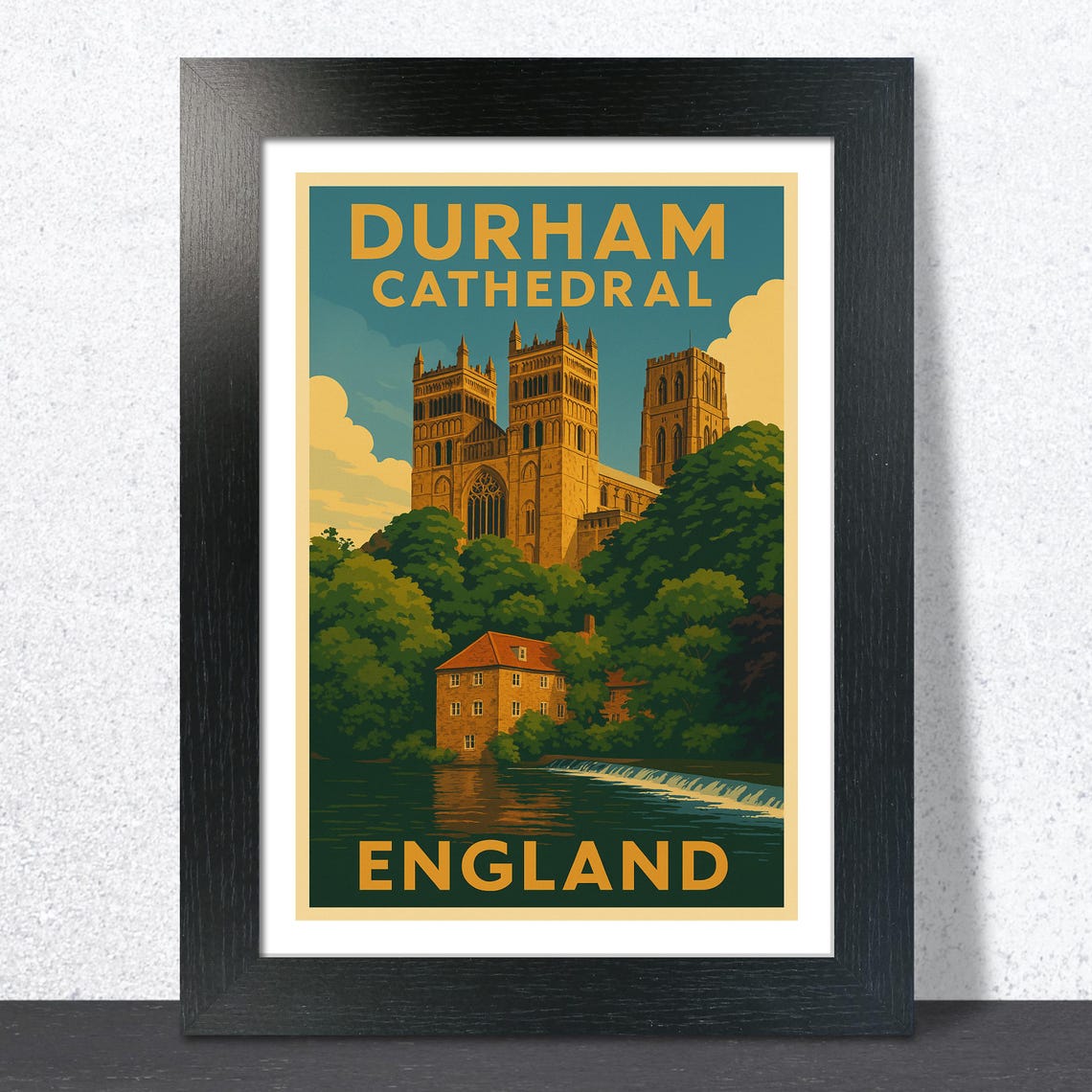Durham Cathedral England Riverside Green Vintage Travel Poster