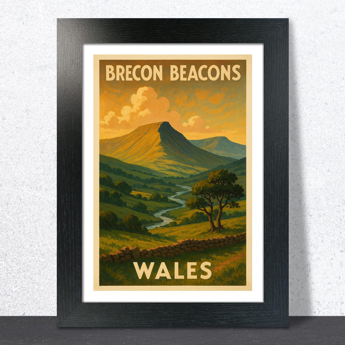 Brecon Beacons Wales Golden Mountain Valley Vintage Travel Art Poster