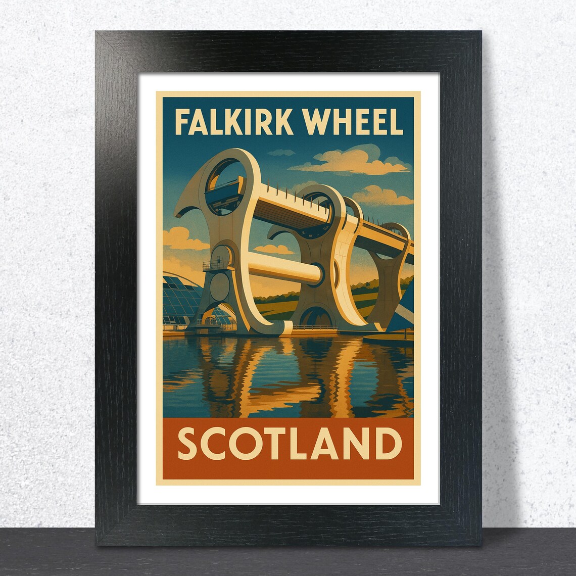 Falkirk Wheel Scotland Vintage Travel Poster with Water Reflections