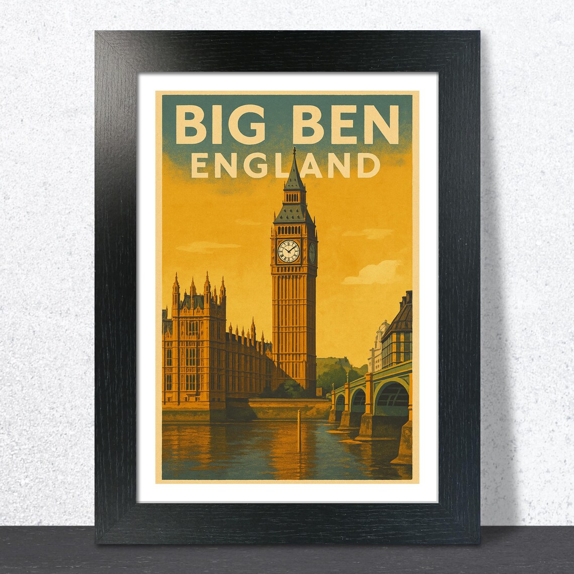 Big Ben London England Clock Tower Golden Hour Vintage Travel Poster