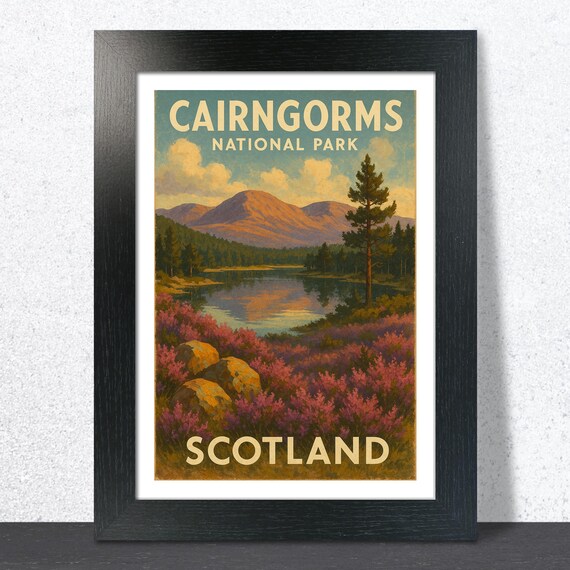 Cairngorms National Park Scotland Heather Mountains Travel Poster