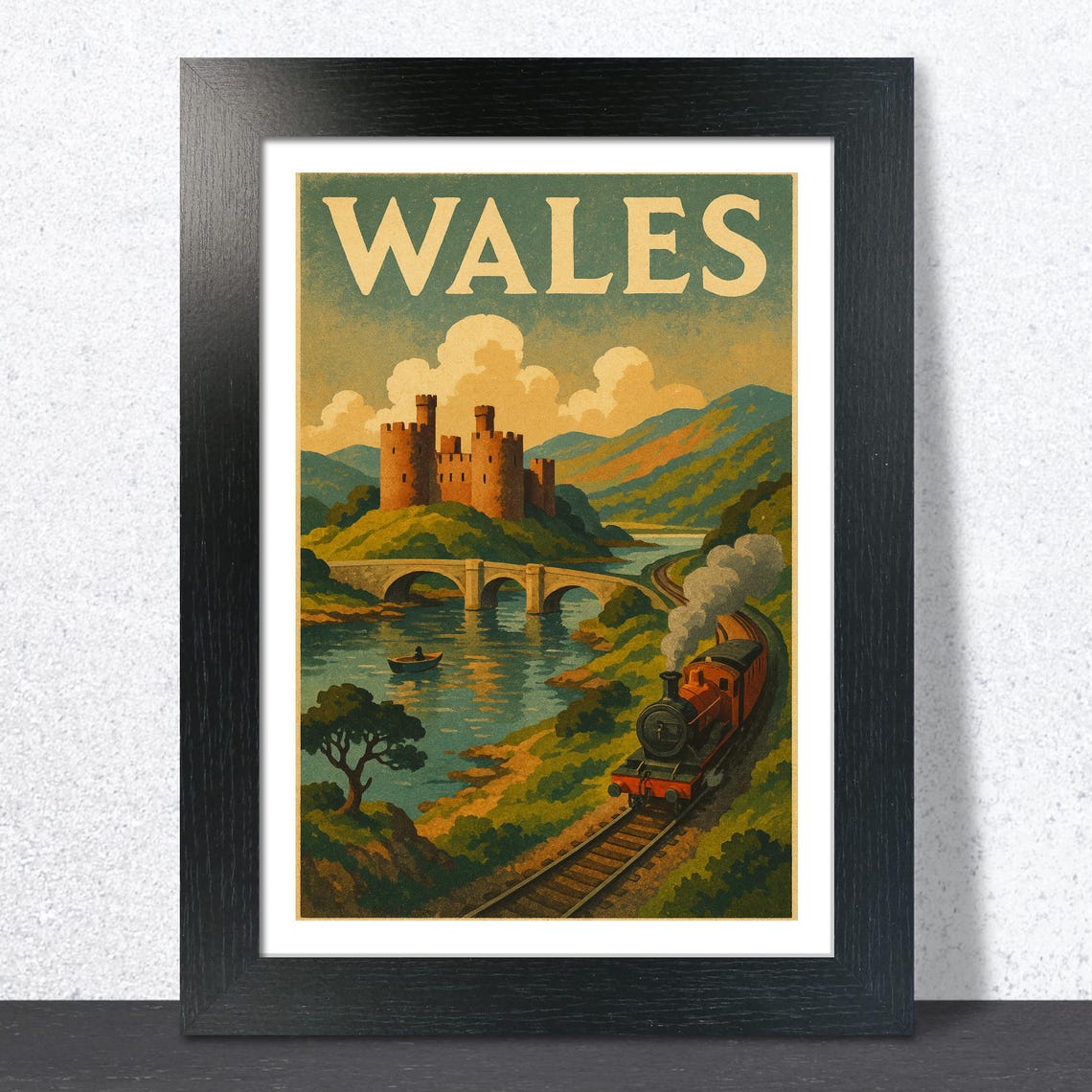 Wales Hilltop Castle Steam Train Riverside Vintage Travel Poster