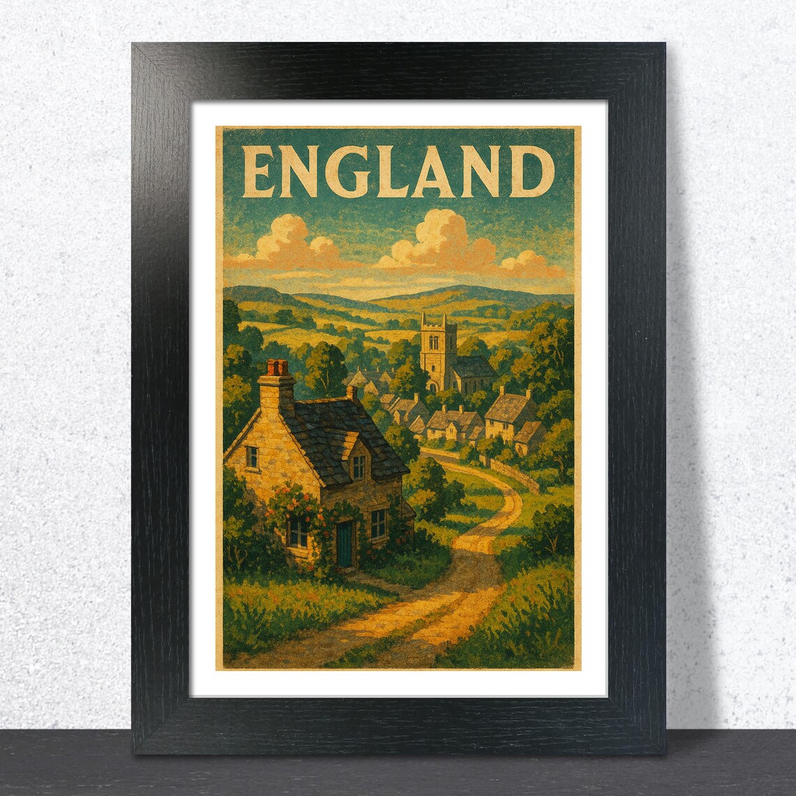 England Vintage Travel Poster Stone Cottage Church Village Scene
