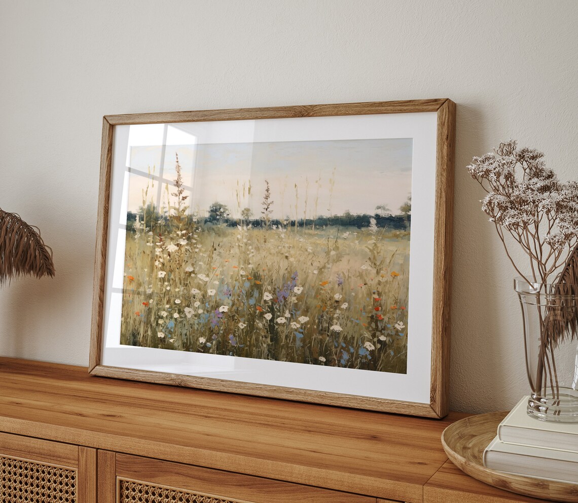 Wildflower Field Landscape Vintage Oil Painting Art Print - Image 4