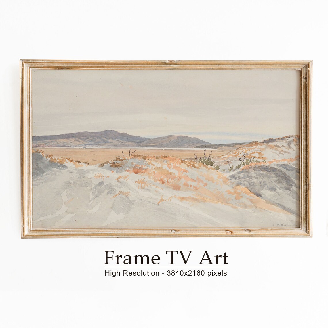 Muted Sand Dunes Sparse Grasses Distant Hills Watercolor Landscape Poster