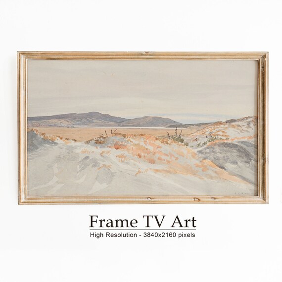 Muted Sand Dunes Sparse Grasses Distant Hills Watercolor Landscape Poster