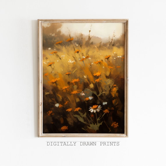 Autumn Wildflower Field Golden Moody Oil Painting Style Fall Print