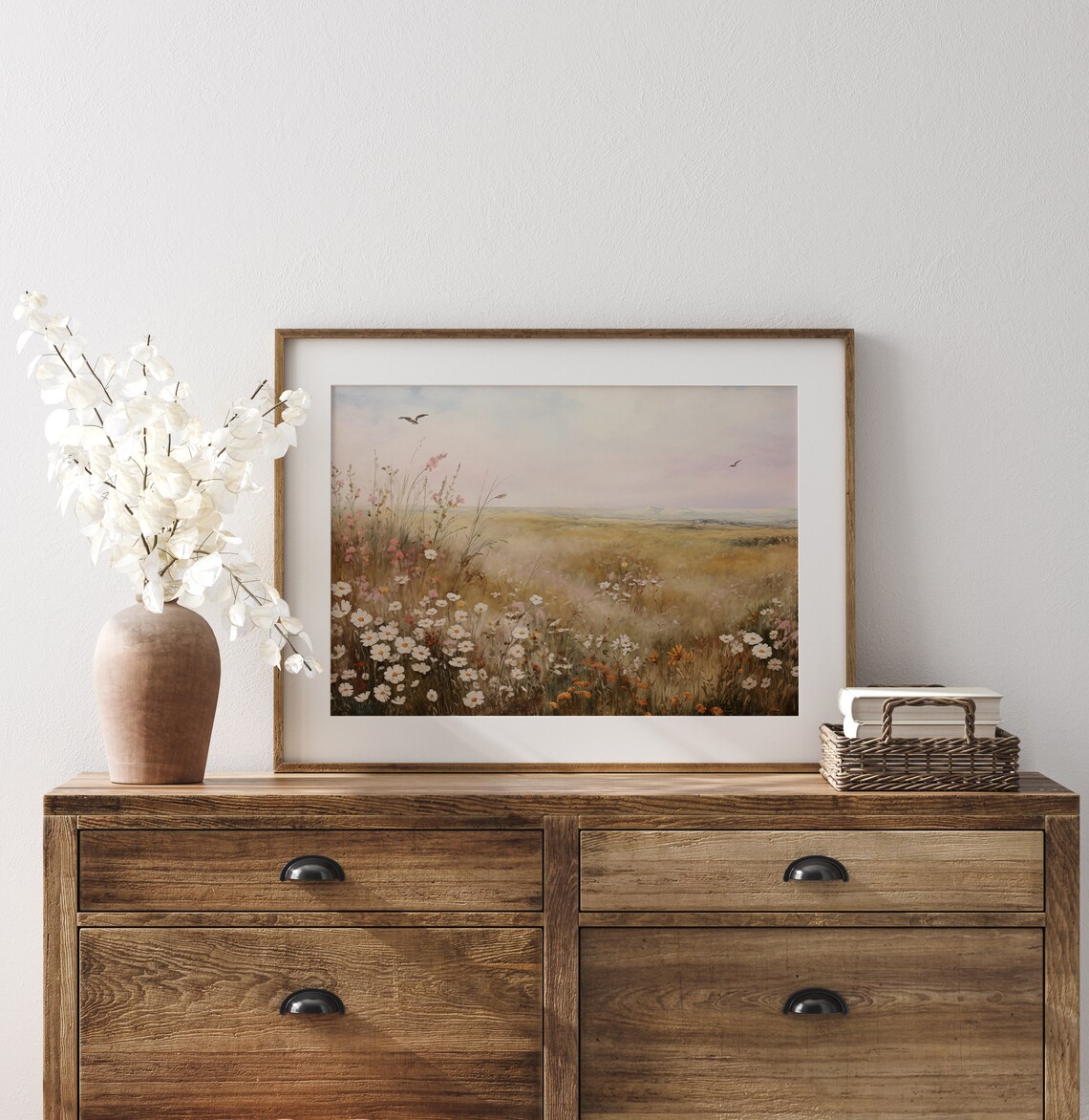 Misty Daisy Field Birds Flying Soft Pink Sky Vintage Impressionist Print - Image 3