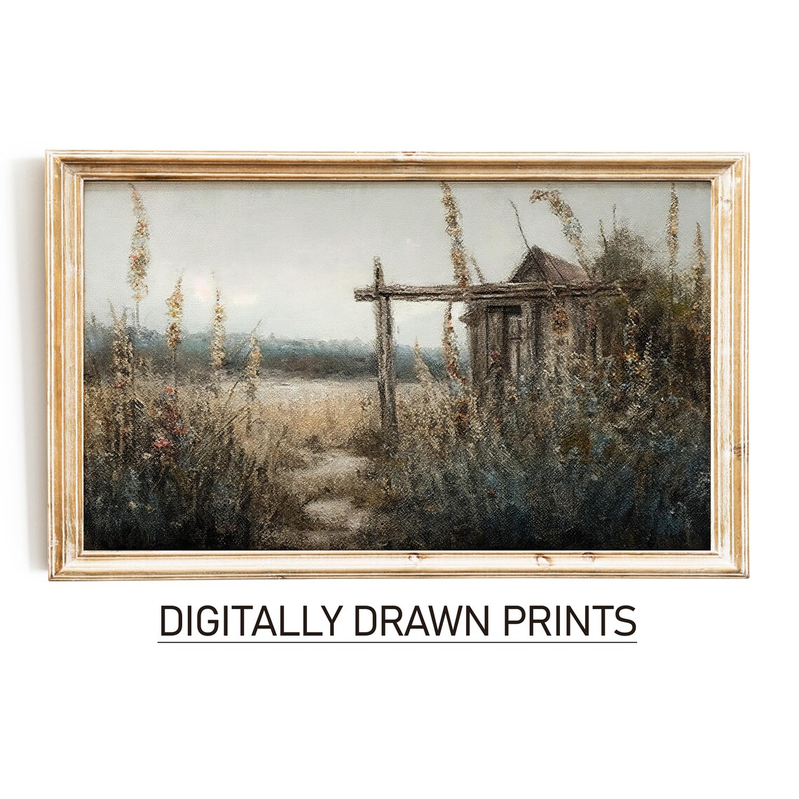 Moody Vintage Countryside Wooden Well Wild Meadow Landscape Poster