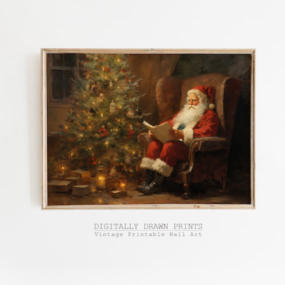 Vintage Christmas Santa Oil Painting Art Print