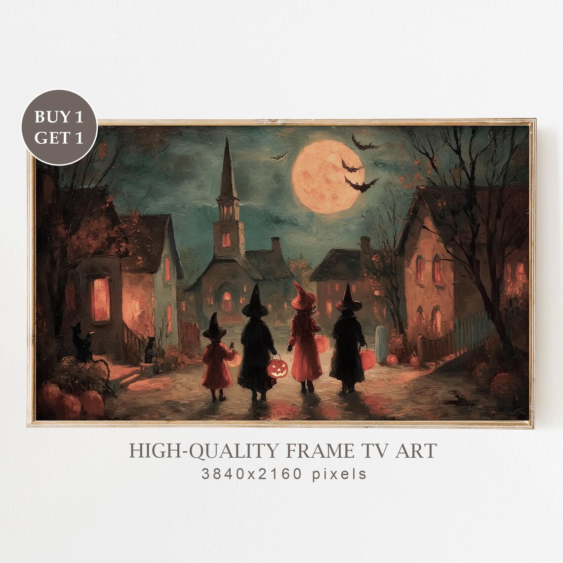 Vintage Halloween Trick or Treat Witches Spooky Town Art Print
