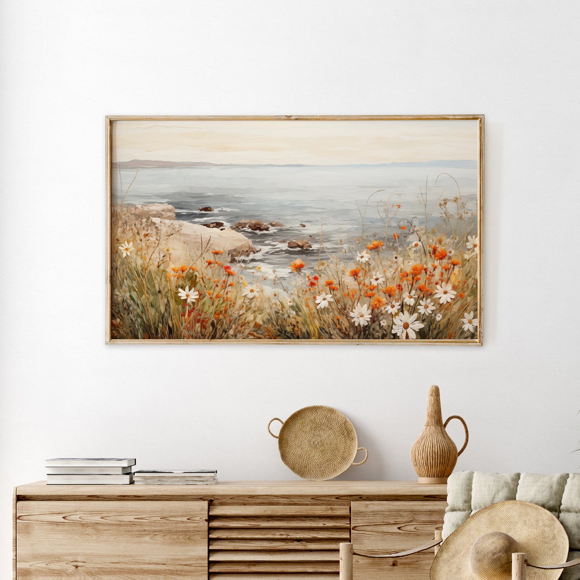 Coastal Wildflower Meadow Overlooking Rocky Sea Landscape Print - Image 2