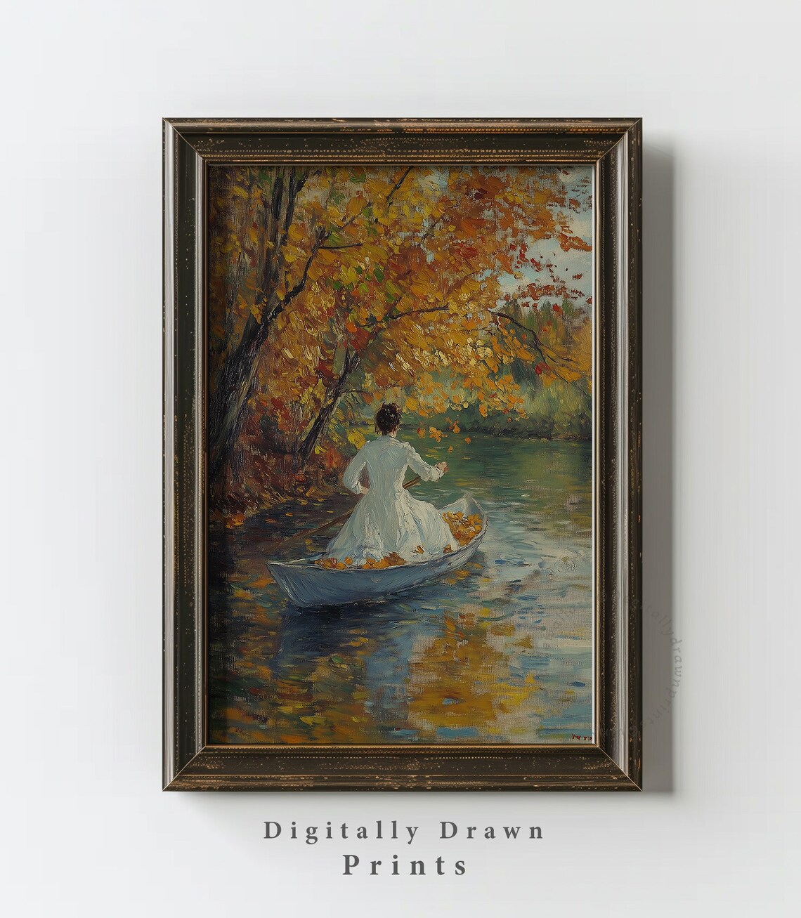 Vintage Autumn Woman in Boat Landscape Art Print - Image 3