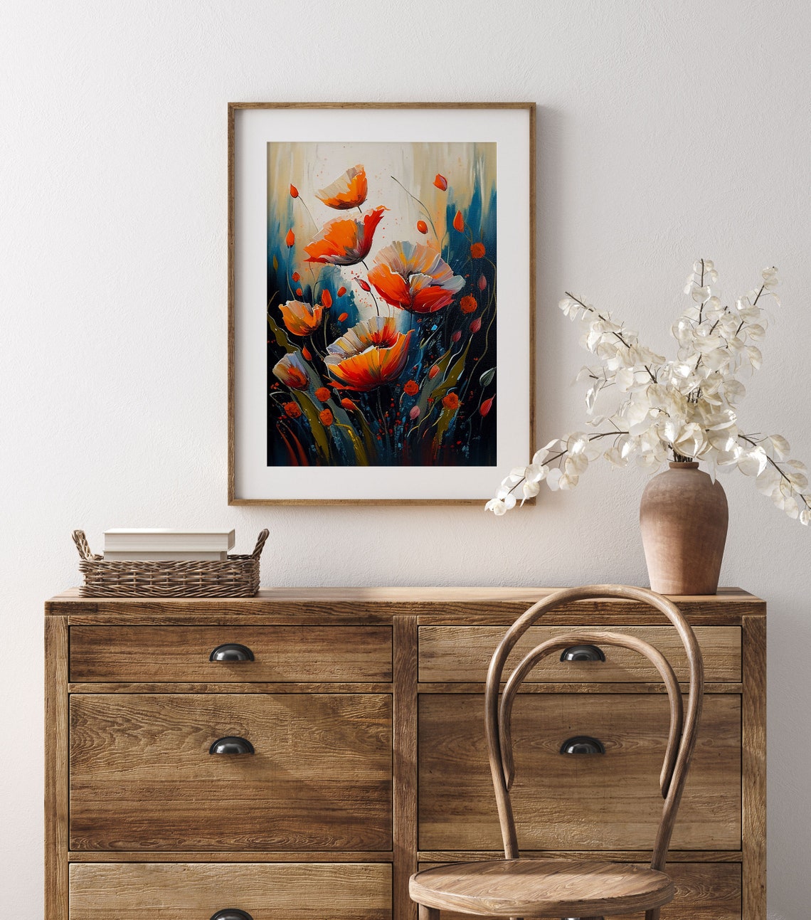 Orange Abstract Poppies Dark Teal Background Modern Floral Art Print - Image 3