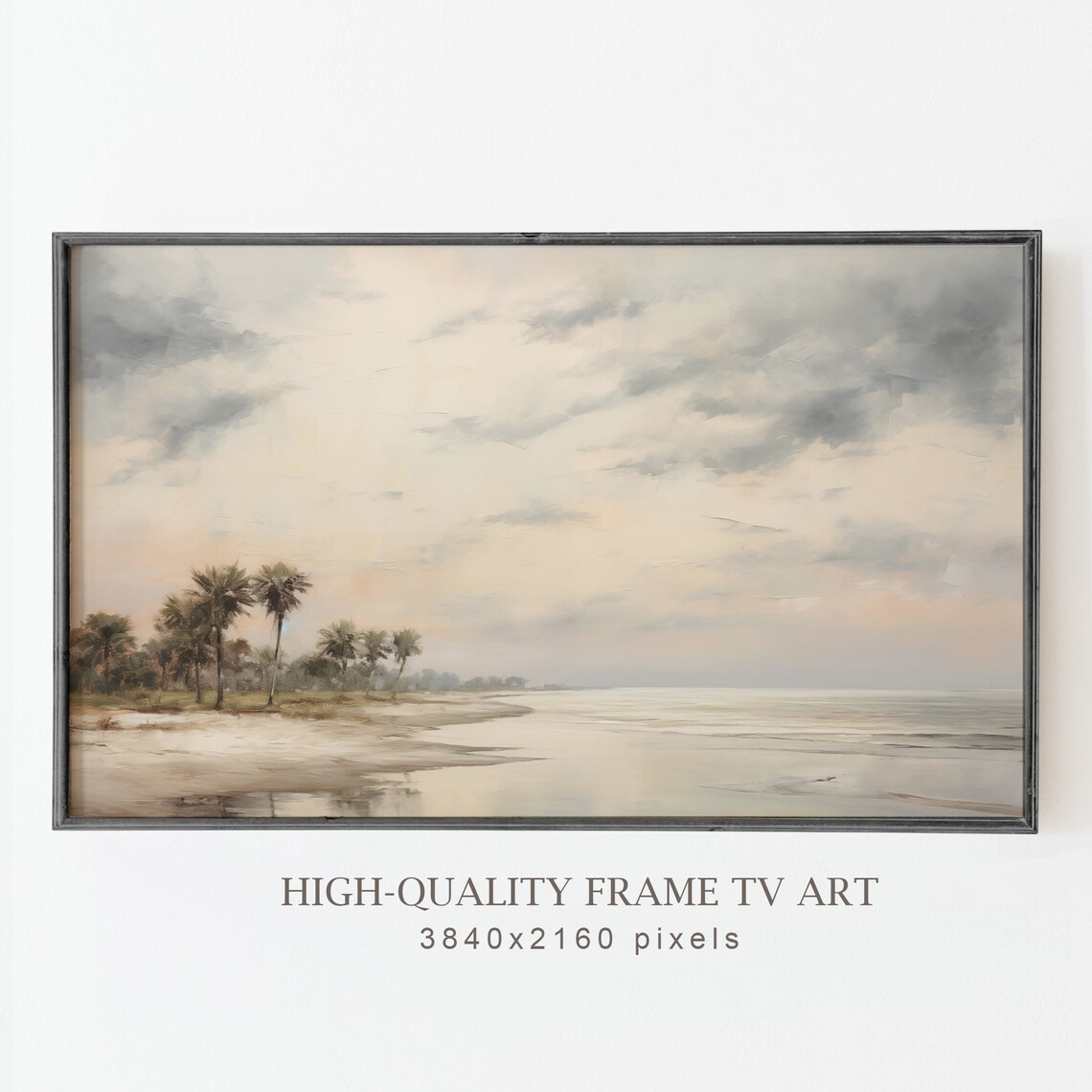 Soft Sunrise Palm Beach Sandy Shore Cloudy Sky Neutral Coastal Art Poster - Image 5