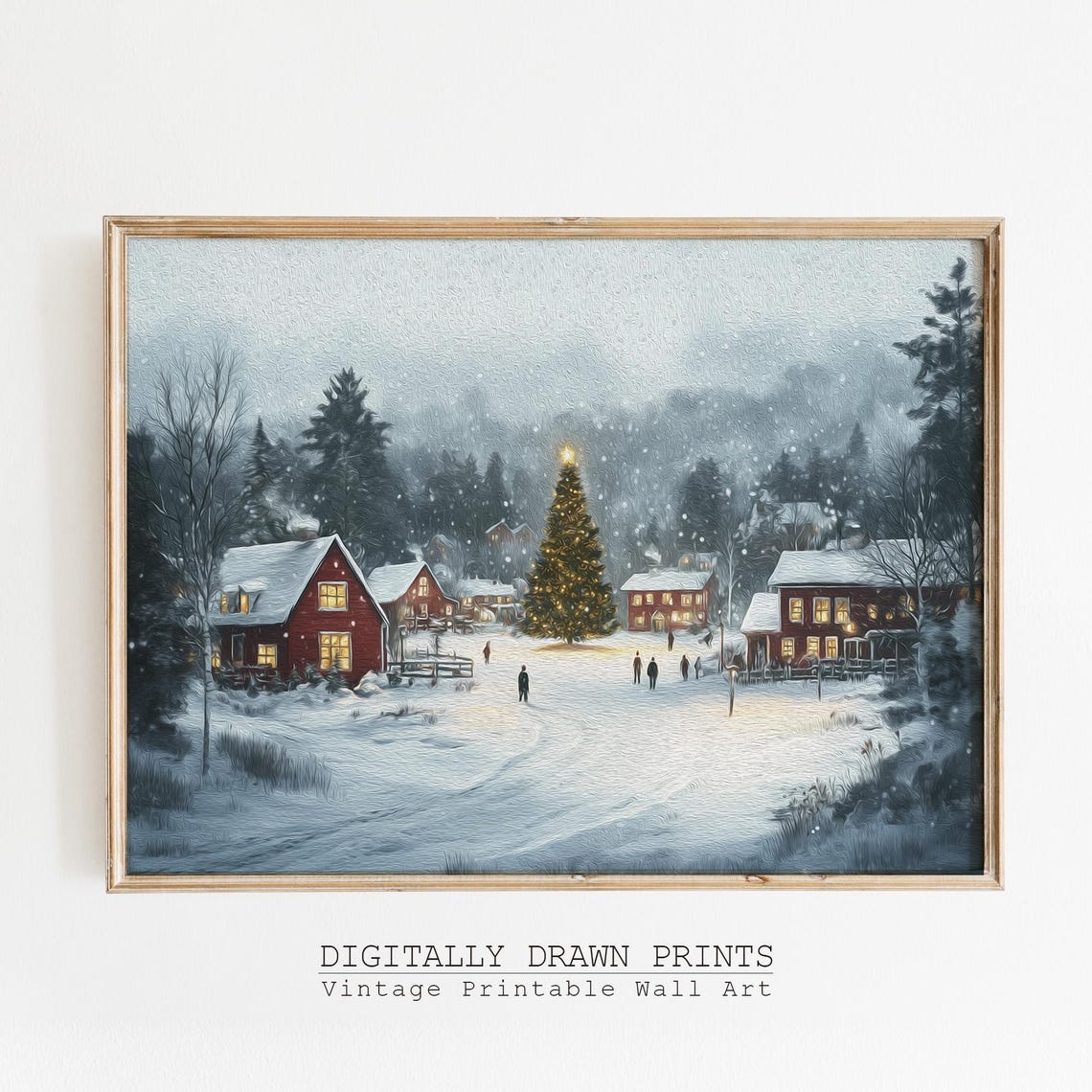 Snowy Christmas Village Lit Tree Red Houses Falling Snow Poster