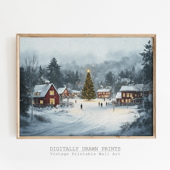 Moody Winter Town Wall Art Christmas Village Farmhouse Christmas Decor Christmas Print Seasonal Art