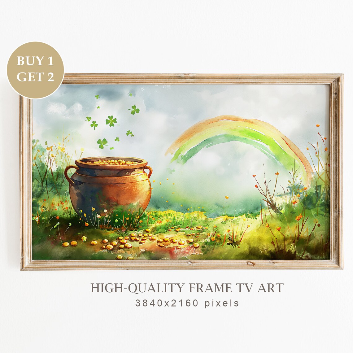 Saint Patrick Pot Of Gold Rainbow Shamrock Watercolor Frame TV Art Print