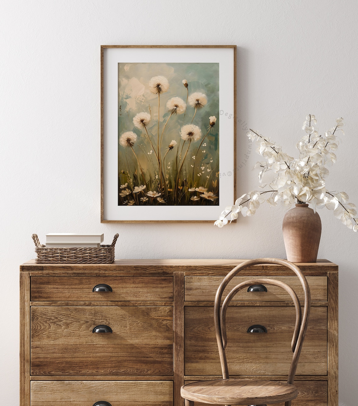White Dandelion Puffs Seed Heads Sage Green Vintage Floral Oil Print - Image 3