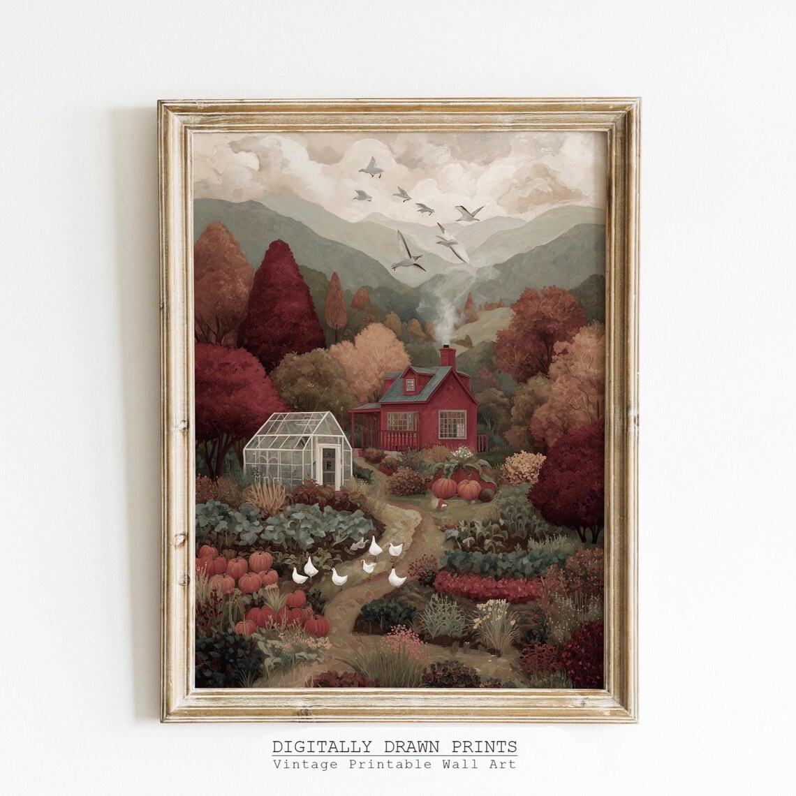 Autumn Cottage Garden Fall Farmhouse Red Cabin Vintage Landscape Wall Art